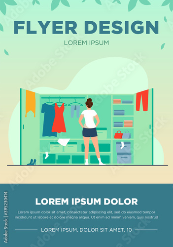 Woman choosing dress from wardrobe flat vector illustration. Young lady standing near opened closet. Pile of clothes laying on shelfs. Cartoon style. Organization and arrangement concept