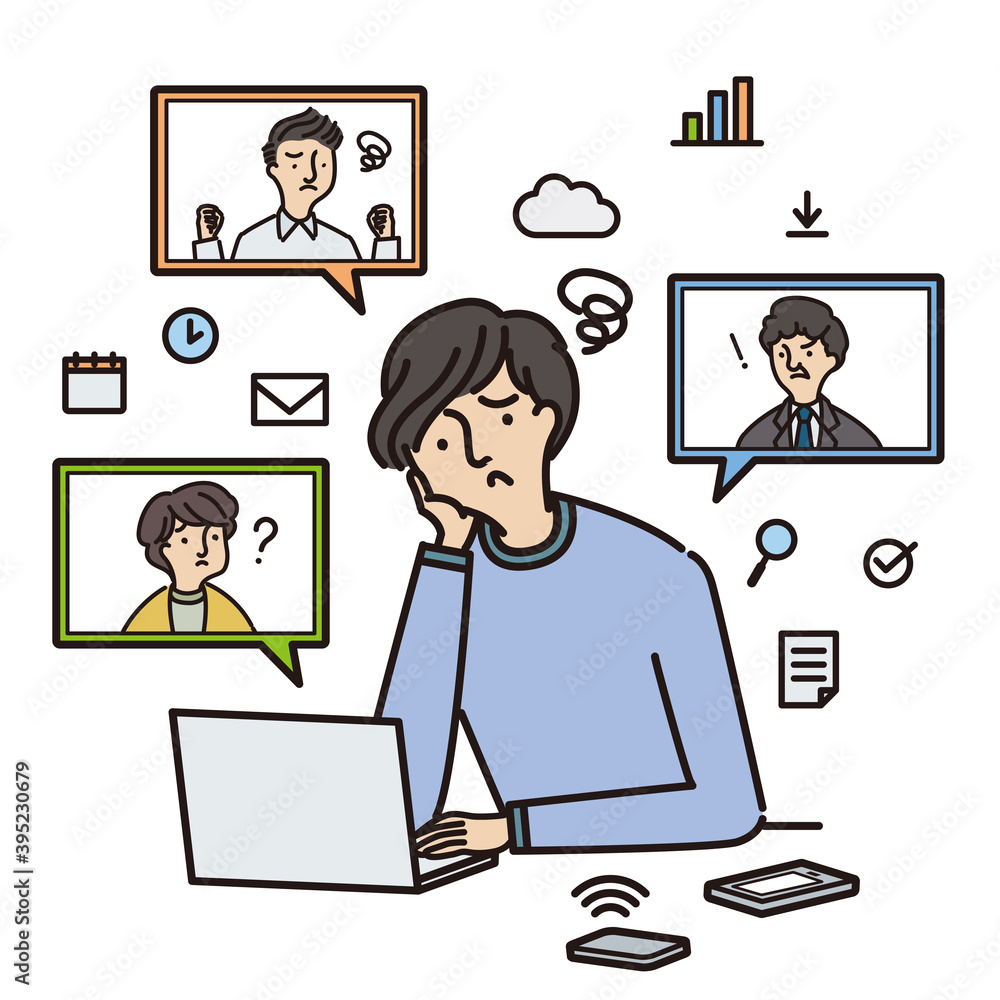 ビジネス:困りながらテレワークをするビジネスマン(主線あり) ビジネス:困りながらテレワークをするビジネスマン(主線あり)