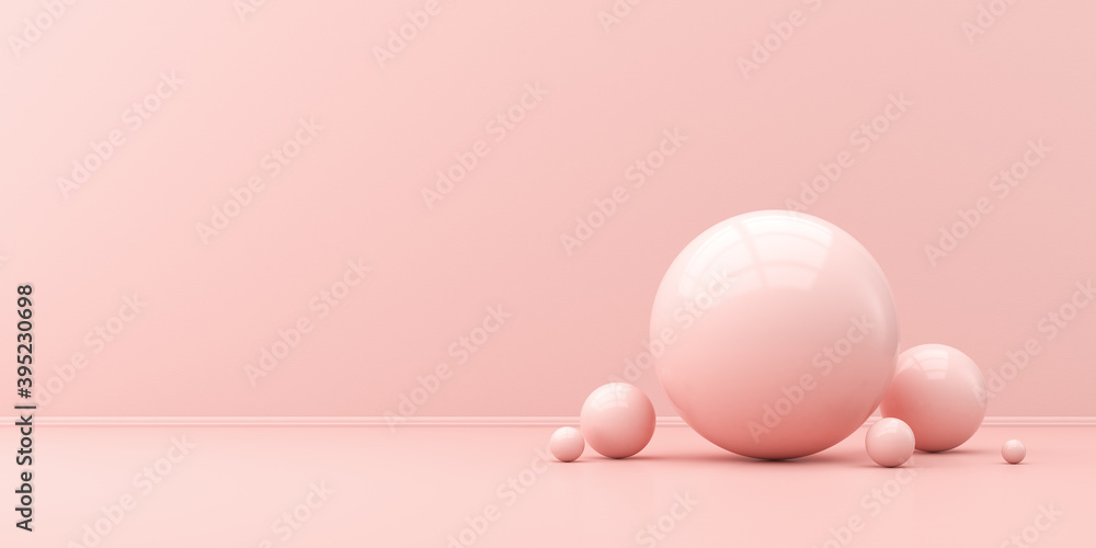 Pink empty interior light and a lot of pink shiny spheres. 3d render illustration. Pink empty interior light and a lot of pink shiny spheres. 3d render illustration.