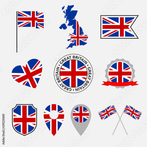 United kingdom flag icons set, national symbol of the Great Britain - Union Jack, UK icons