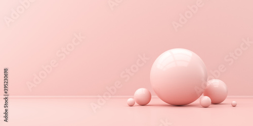 Pink empty interior light and a lot of pink shiny spheres. 3d render illustration. © 3dddcharacter