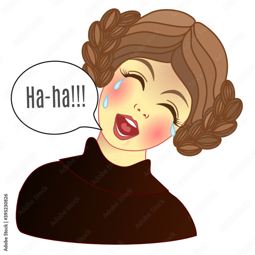 Emoticon with a girl who is funny to tears, he cries with happiness, color vector emoji on  white isolated background