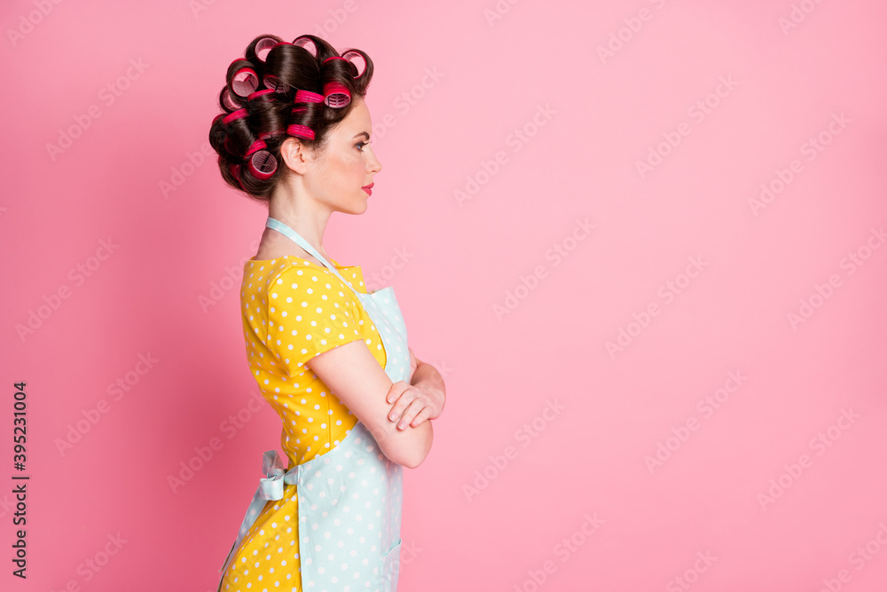 Profile side photo of serious wife girl look copyspace cross hands wear hair rollers isolated on pastel color background Profile side photo of serious wife girl look copyspace cross hands wear hair rollers isolated on pastel color background