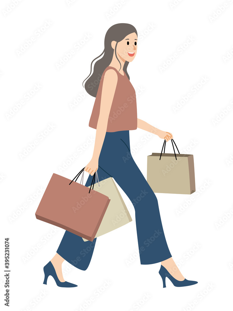Fashion street style of walking girl with shopping bags isolated on white background. Fashion street style of walking girl with shopping bags isolated on white background.