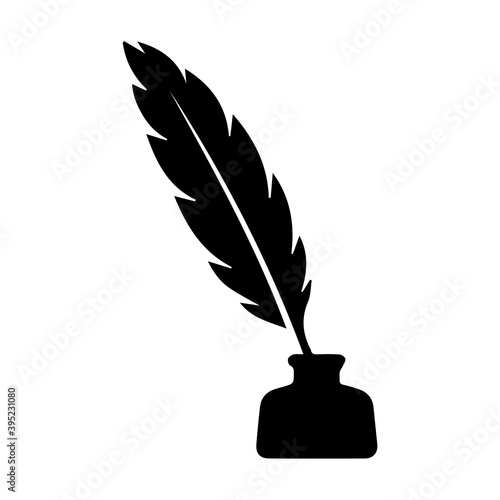 Feather pen silhouette on white background.