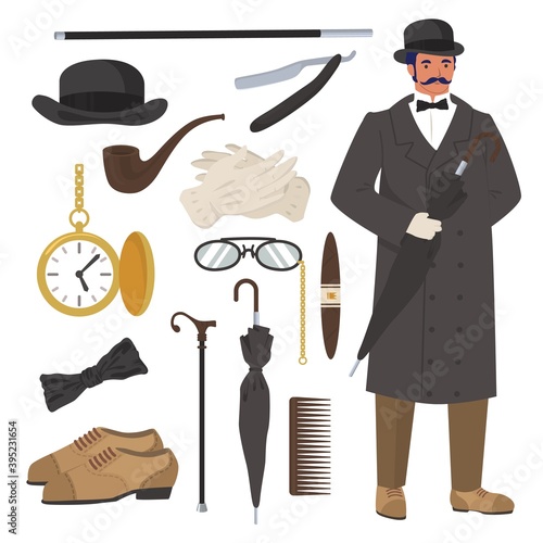 Victorian gentleman set, flat vector isolated illustration. English gentleman clothing and accessories. Bowler hat, cane, razor, watch, pipe, cigar, gloves, umbrella and shoes.