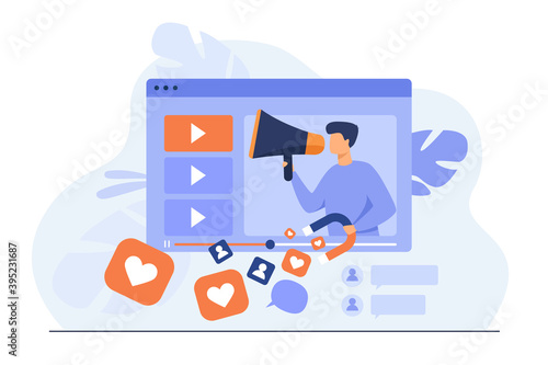 Video channel of popular blogger sharing information and getting likes. Influencer with megaphone and player interface. Vector illustration for marketing, advertising, social network communication