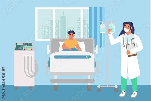 Children hospital room. Female nurse standing next to drip, sick boy lying in bed and receiving IV therapy, flat vector illustration. Pediatric hospital. Kids health.