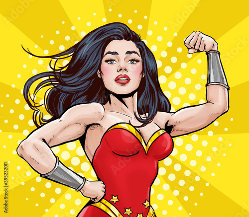 Fototapeta Naklejka Na Ścianę i Meble -  Pop Art super hero woman. Girl power advertising poster. Comic woman showing her biceps. We Can Do It.