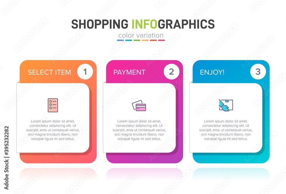 Concept of shopping process with 3 successive steps. Three colorful graphic elements. Timeline design for brochure, presentation, web site. Infographic design layout. Concept of shopping process with 3 successive steps. Three colorful graphic elements. Timeline design for brochure, presentation, web site. Infographic design layout.