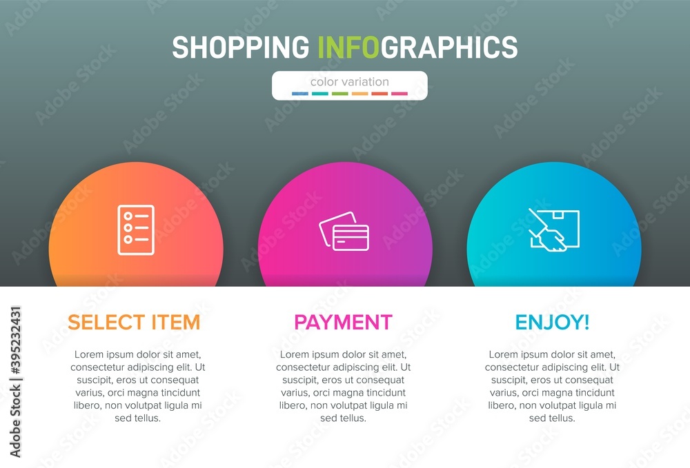 Obraz premium Concept of shopping process with 3 successive steps. Three colorful graphic elements. Timeline design for brochure, presentation, web site. Infographic design layout.