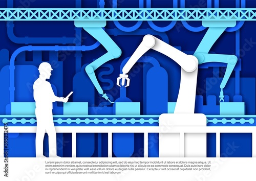 Automatic production conveyor belt, factory worker, engineer. Vector illustration in paper art style. Robotic industry, manufacturing concept.