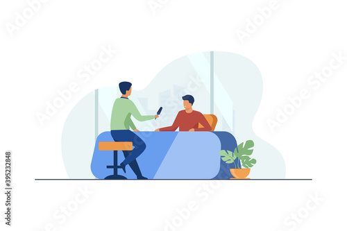 Journalist interviewing guy at desk. Microphone, discussion, speech flat vector illustration. Social media and communication concept for banner, website design or landing web page