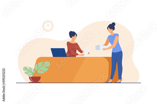 Office manager receiving documents from colleague. Job, work, receptionist flat vector illustration. Documentation and occupation concept for banner, website design or landing web page