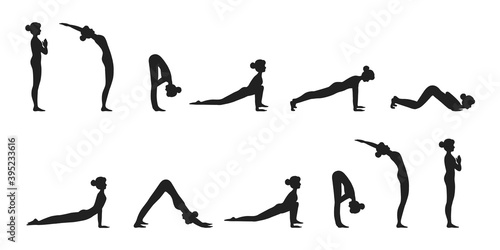 Surya namaskar A sun salutation yoga asanas sequence set vector illustration. Young woman do morning yoga stretch exercise poses for body health. Asana flat style design infographic complex.