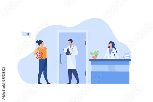 Woman visiting doctor with spinal pain. Hospital, backache, examination flat vector illustration. Medicine and healthcare concept for banner, website design or landing web page