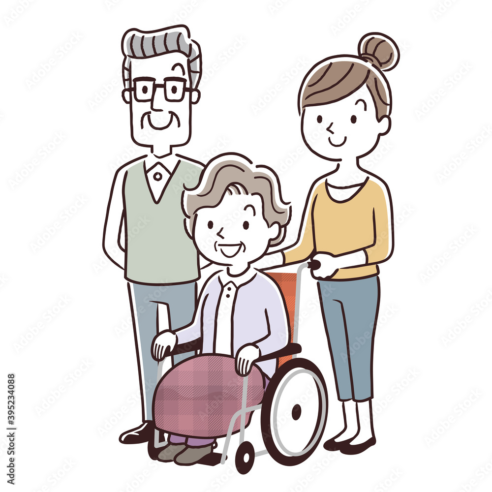 ベクターイラスト素材：車椅子に乗るシニア女性とシニア男性と若い女性、家族
