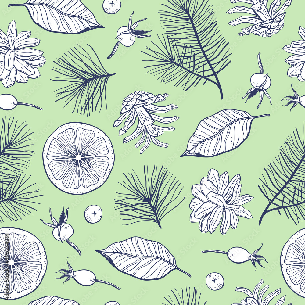 Obraz premium Seamless pattern with Christmas branches and berries