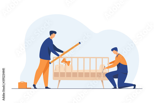 Handymen installing child cot in room. Assembly, tool, worker flat vector illustration. Furniture and childbirth concept for banner, website design or landing web page