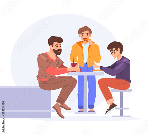 Students lunch time. Group of young people eating fast food, drink coffee, eat hot dog. Friends people sitting together at table communicate together and having lunch flat