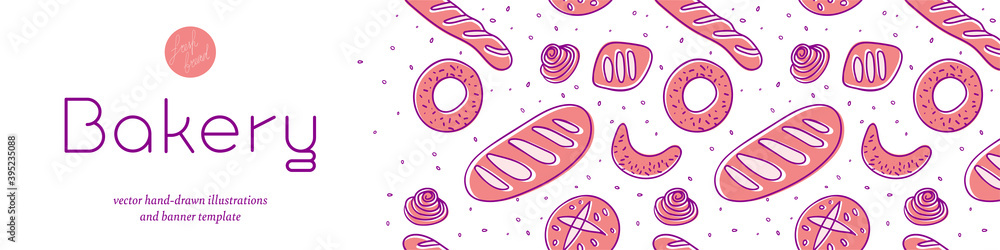 Cookery banner with hand-drawn vector illustrations. Cooking courses banner. Bakery trendy graphics with bread vivid pattern. Template background design of healthy food banner for culinary blog, cafe Cookery banner with hand-drawn vector illustrations. Cooking courses banner. Bakery trendy graphics with bread vivid pattern. Template background design of healthy food banner for culinary blog, cafe