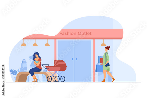 Mother feeding baby near fashion outlet. Store, pram, shopping flat vector illustration. Motherhood and lactation concept for banner, website design or landing web page