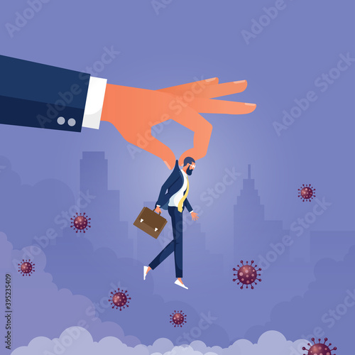Company lay off employees due to Coronavirus pandemic causing economic recession concept, Big hand holding being fired businessman jobless employee to drop him out off office