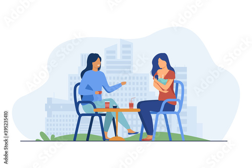 Cheerful women sitting in cafe with newborn. Baby, mother, breast flat illustration. Motherhood and lactation concept for banner, website design or landing web page