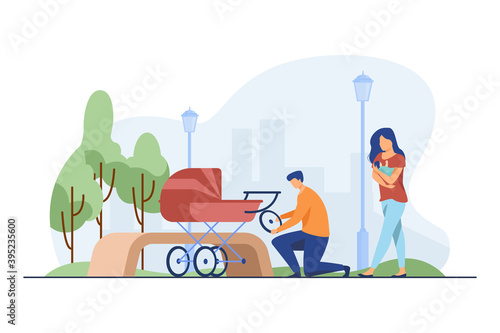 Man repairing pram and woman feeding baby. Wheel, park, newborn flat vector illustration. Motherhood and lactation concept for banner, website design or landing web page