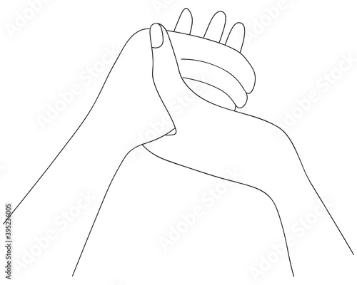 People are holding hands. Prayer at the dinner table. Sketch. Vector illustration. Outline on an isolated white background. Coloring book. Doodle style. Prayer before meals on Thanksgiving Day. 