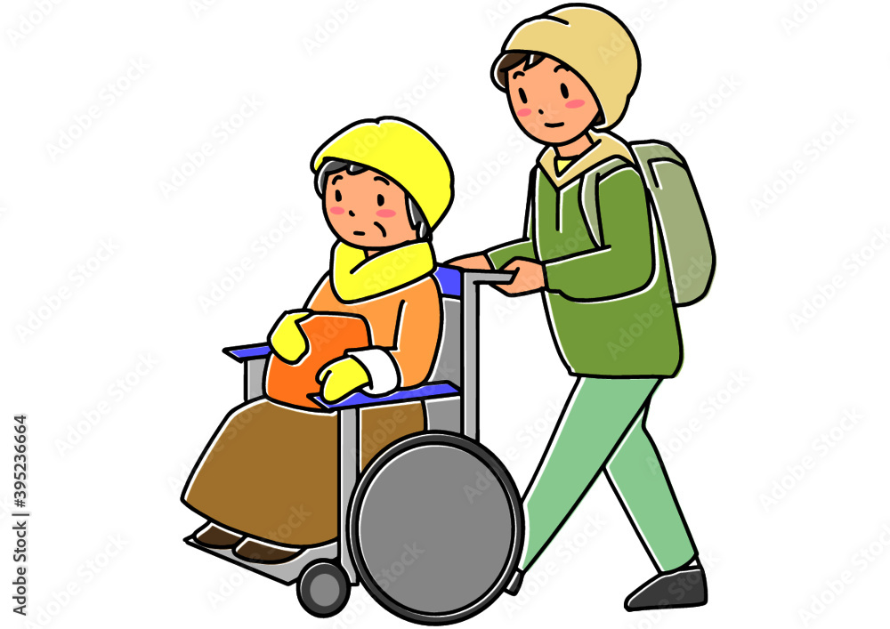 早めに避難所に避難する車いすの高齢者 早めに避難所に避難する車いすの高齢者