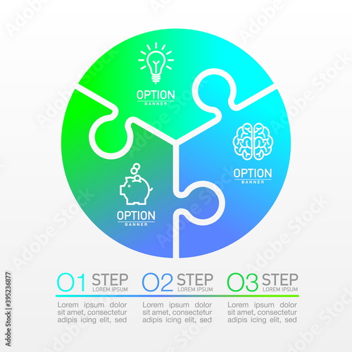 Three piece flat puzzle round infographic presentation. 3 steps circle business diagram. Three sections compare service banner. 3 pieces jigsaw illustration template shape. Abstract puzzle Background