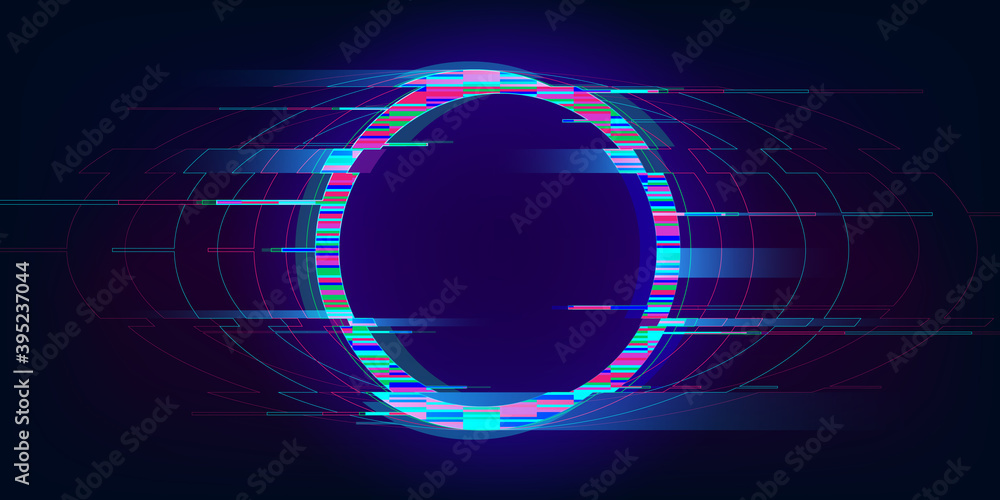 Glitch circle. Distorted glowing circle cyberpunk style. Futuristic round shape with TV interference effect. Design for promo music events, games, web, banners, backgrounds. Vector illustration