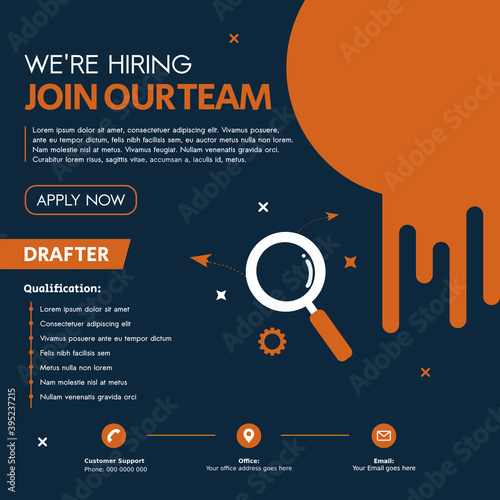 Hiring, Job vacancy design poster.Open recruitment drafter design template. Social media post design layout
