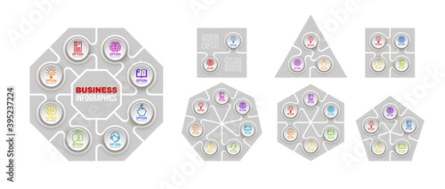 Set flat puzzle round infographics presentation. 2,3,4,5,6,7,8 steps circle business diagram. sections compare service banner. pieces jigsaw illustration template shape. Abstract puzzle Background set