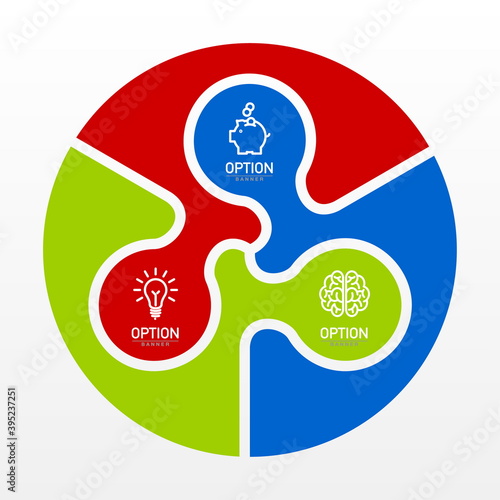 Three piece flat puzzle round infographic presentation. 3 steps circle business diagram. Three sections compare service banner. 3 pieces jigsaw illustration template shape. Abstract puzzle Background