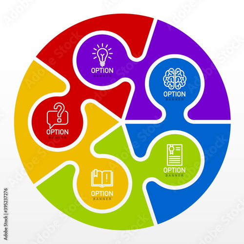 Five pieces flat puzzle round infographic presentation. 5 steps circle business diagram. Five sections compare service banner. 5 pieces jigsaw illustration template shape. Abstract puzzle Background.