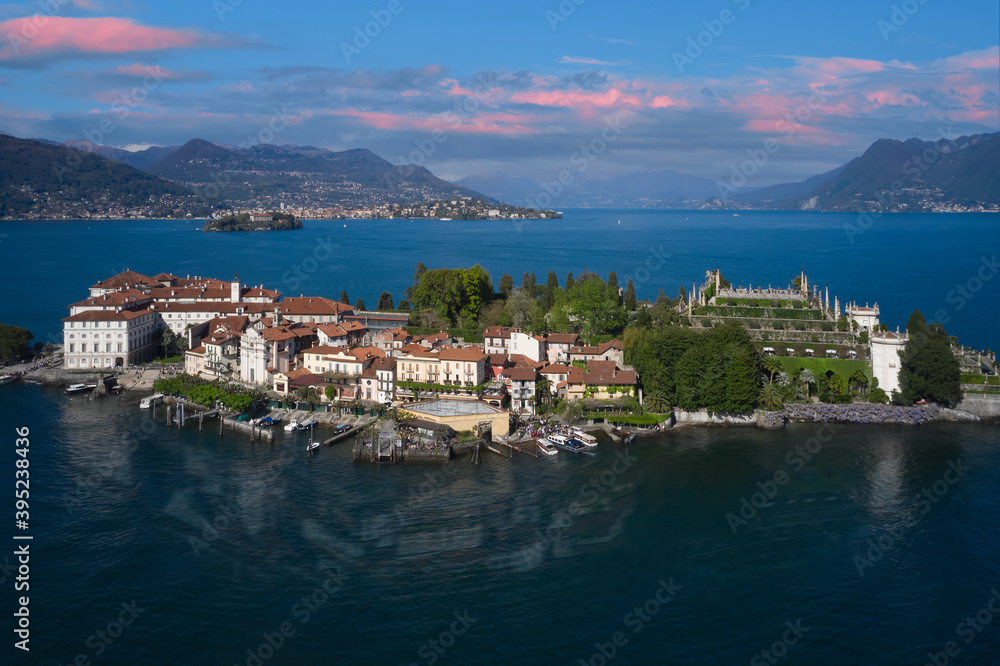 Lake Maggiore, island, Isola Bella, Italy. Panorama at sunset on Lake Maggiore top view. Aerial view of the island, Isola Bella.
