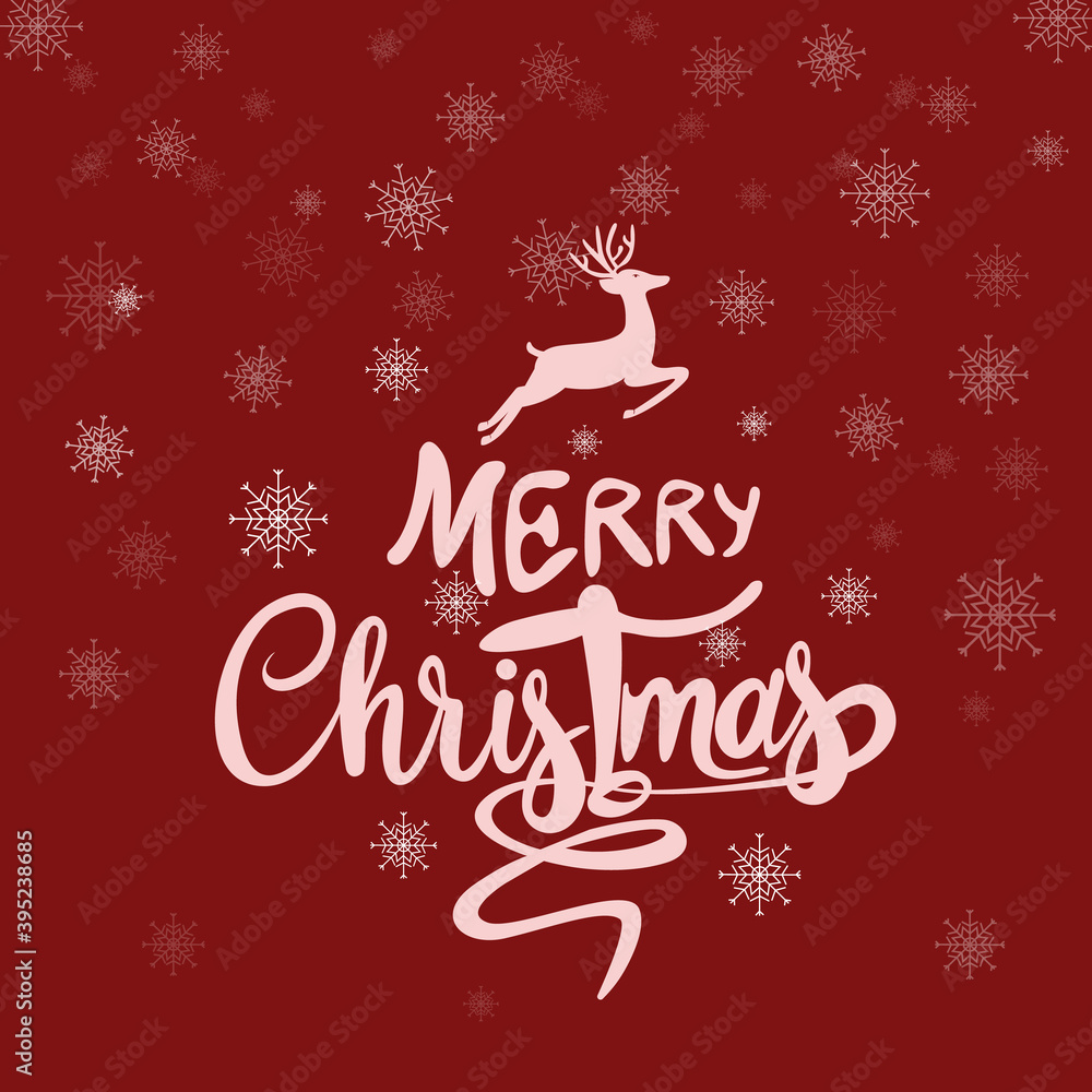 vector with merry christmas lettering snowflakes and deer on red vector with merry christmas lettering snowflakes and deer on red