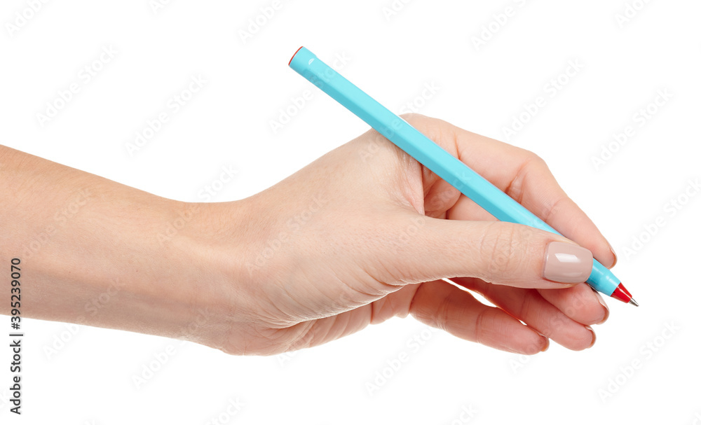 Hand with blue writing pen isolated on white background. Hand with blue writing pen isolated on white background.