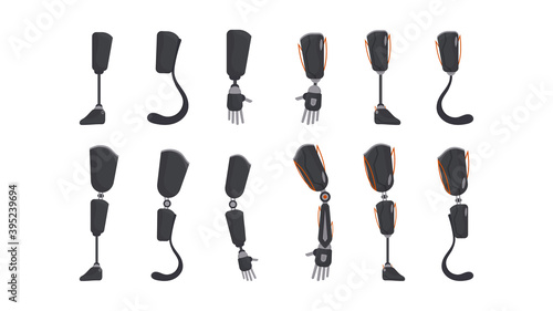 A set of prostheses for people. Hand and leg prosthesis in flat style. Vector.