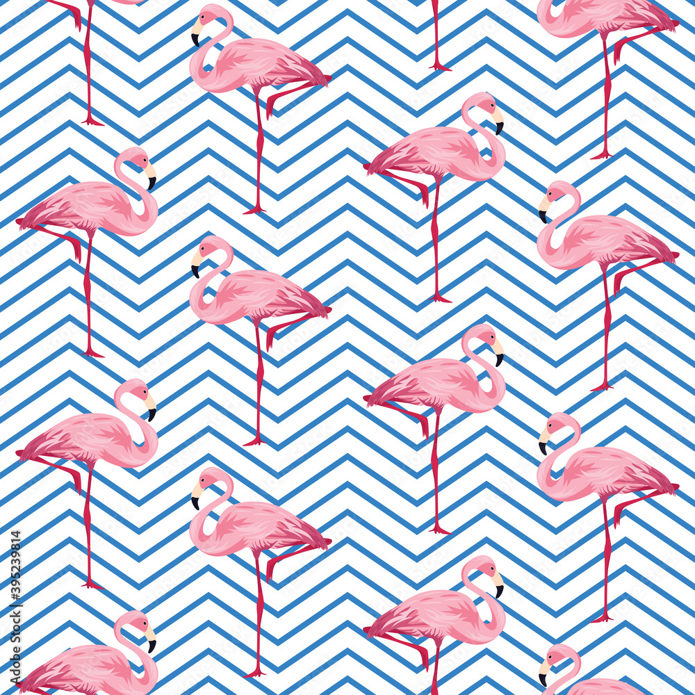 Seamless pattern of flamingos and geometric waves. Beautiful exotic birds on the background of blue lines symbolizing water and waves. Vector illustration. Seamless pattern of flamingos and geometric waves. Beautiful exotic birds on the background of blue lines symbolizing water and waves. Vector illustration.