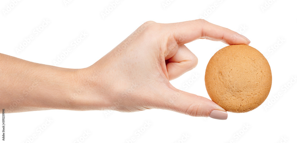 Fototapeta premium Hand with home made cookie isolated on white background.