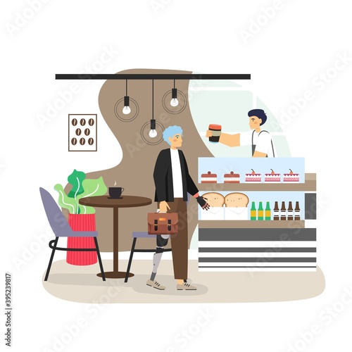 Disabled businessman with prosthetic arm and leg buying coffee in cafe, flat vector illustration.