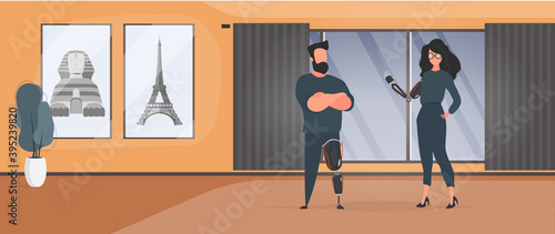 A man with a prosthetic leg and a girl with a prosthetic hand. Special needs concept. Vector.