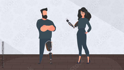 A man with a prosthetic leg and a girl with a prosthetic hand. Special needs concept. Vector.