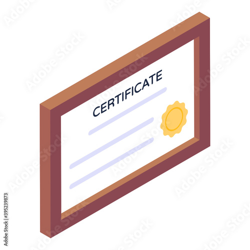 
Official competence document, isometric icon of certificate
