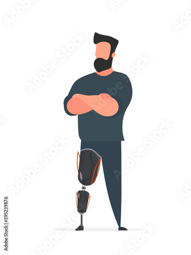 Disabled man with a prosthetic leg. Prosthesis, disabled person. Cartoon flat vector illustration