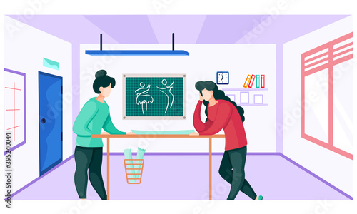 Colleagues in the atelier are discussing the model of the future garment depicted on the blackboard in the background. Girls draw a pattern for future clothes. Professional tailoring studio