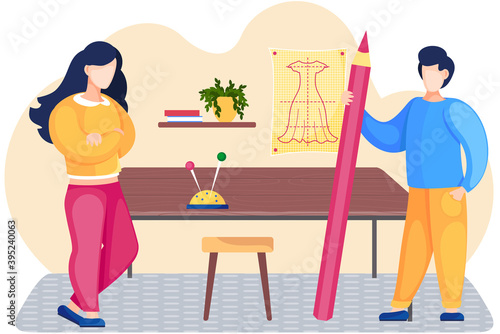 Fashion designers are standing near the sketch with dress and discussing about model. Seamstressers are talking about tailor pattern of women s dress. Modern production, man and woman in atelier